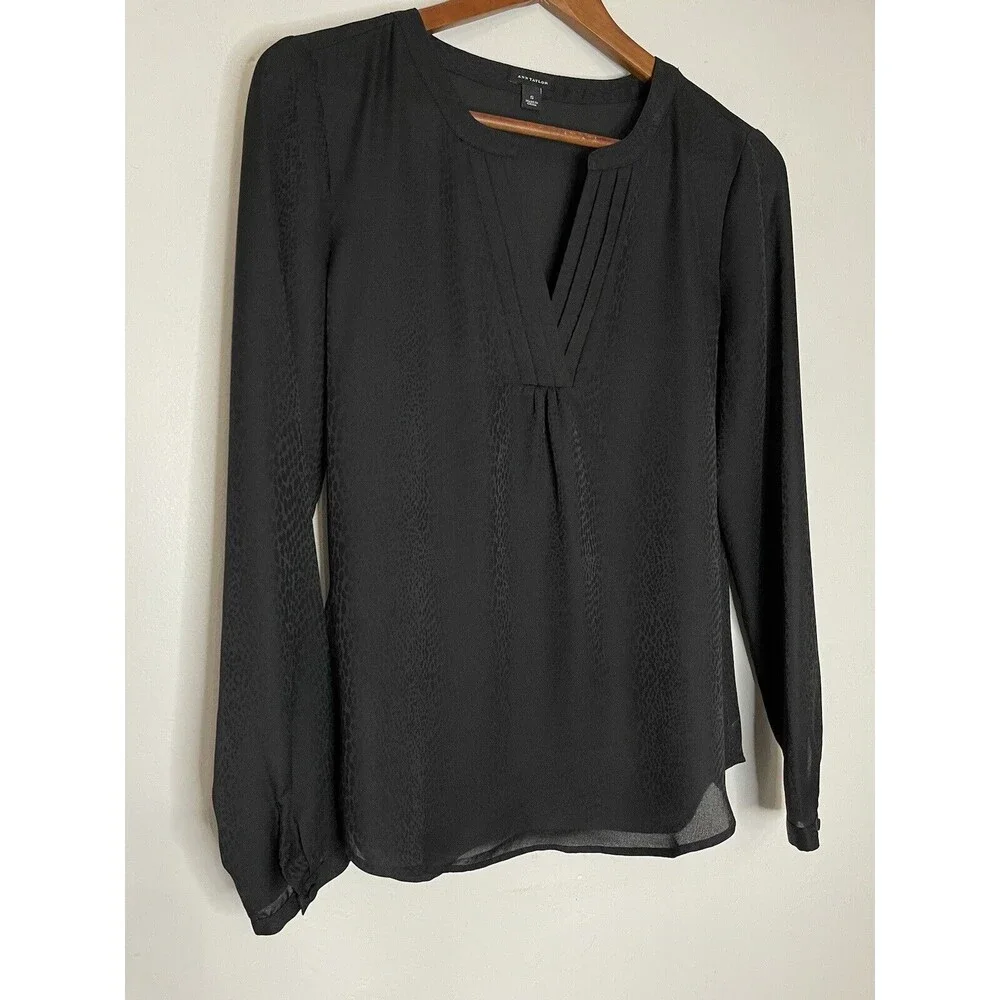 ANN TAYLOR Womens Small Long Sleeve Black Button Down Sheer Blouse Vneck Career